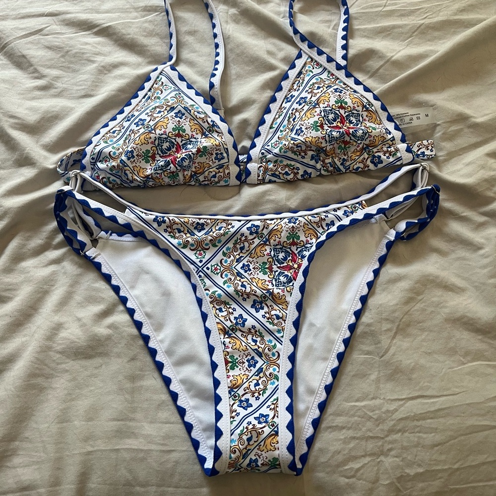 Blue and White Patterned Bikini Set